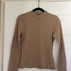 Nasty Gal Beige Ribbed Long Sleeve Top